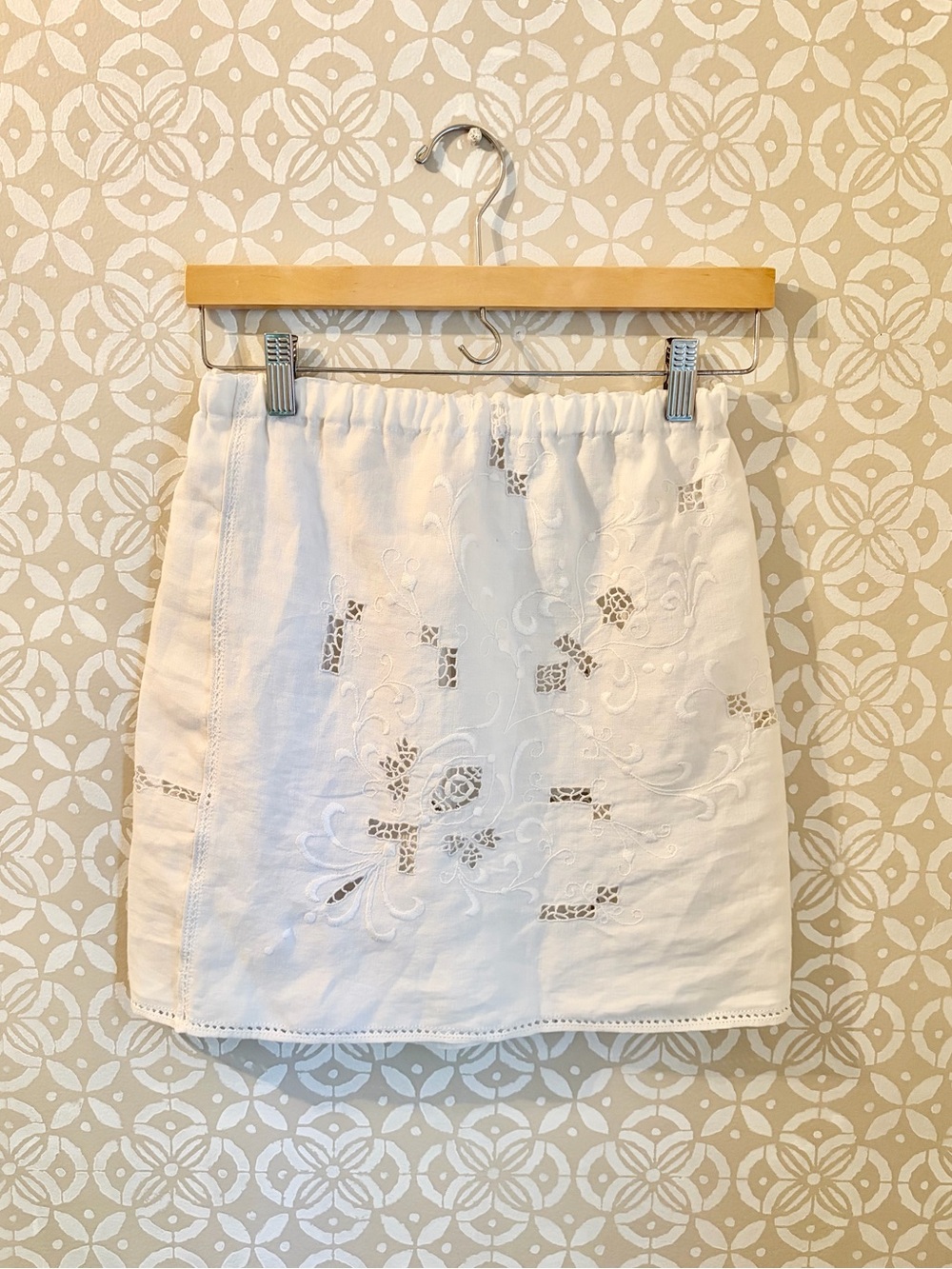 White Embroidered Linen Mini Skirt-Handmade